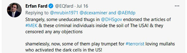 Erfan Fard tweets on MEK annual meeting