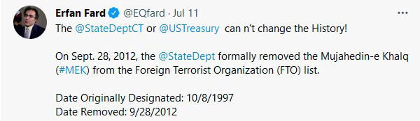 Erfan Fard tweets on MEK annual meeting