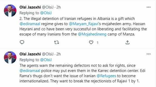 Olsi Jazexhi tweets on detention of six MEK former members: are Hassan Heyrani, Mehdi Souleimani, Reza Shekari, Ehsan Bidi, Hassan Shahbazi and Ali Hajari 