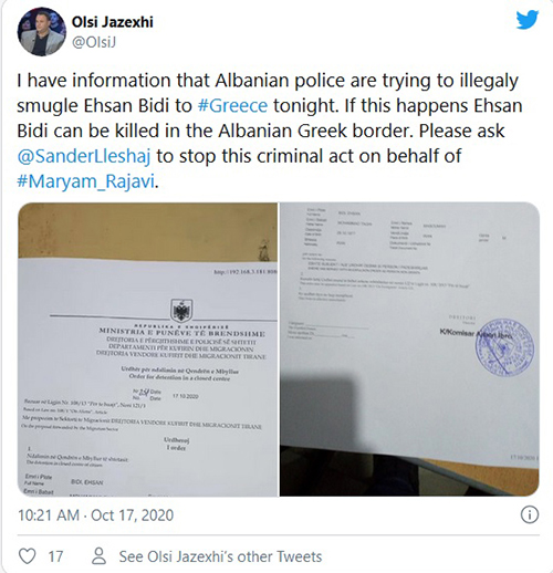olsi jazexhi tweet on Bidis arrest by the albanian police with the order of Maryam Rajavi - Terrorist